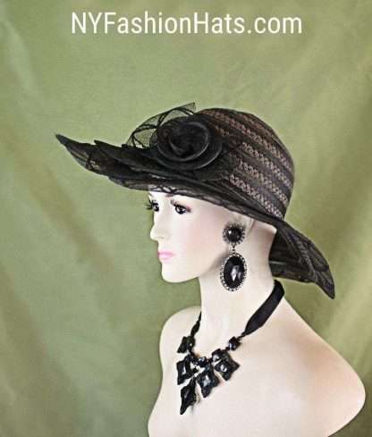 Black Wide Fancy Brim Formal Wedding Hat, Hats For Horse Races, Temple Church Dress Hat, Couture Designer Hats, NYFashionHats Headwear Tina - Image 10