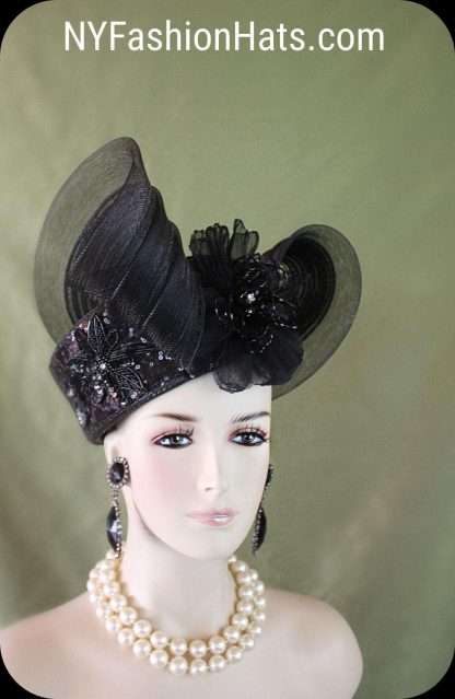 Couture Designer Hats, Formal Black Pillbox Beaded Sequin Wedding Hat, Mother Of The Bride Dress Church Headpiece, NYFashionHats Millinery - Image 10